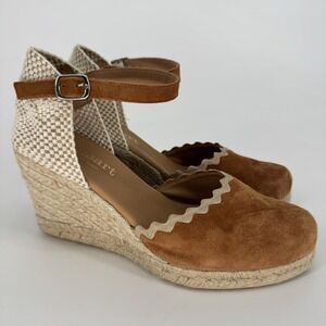 PASEART Spain Camel Suede Wedge Espadrilles Scalloped Boho EU 39 US 8/8.5